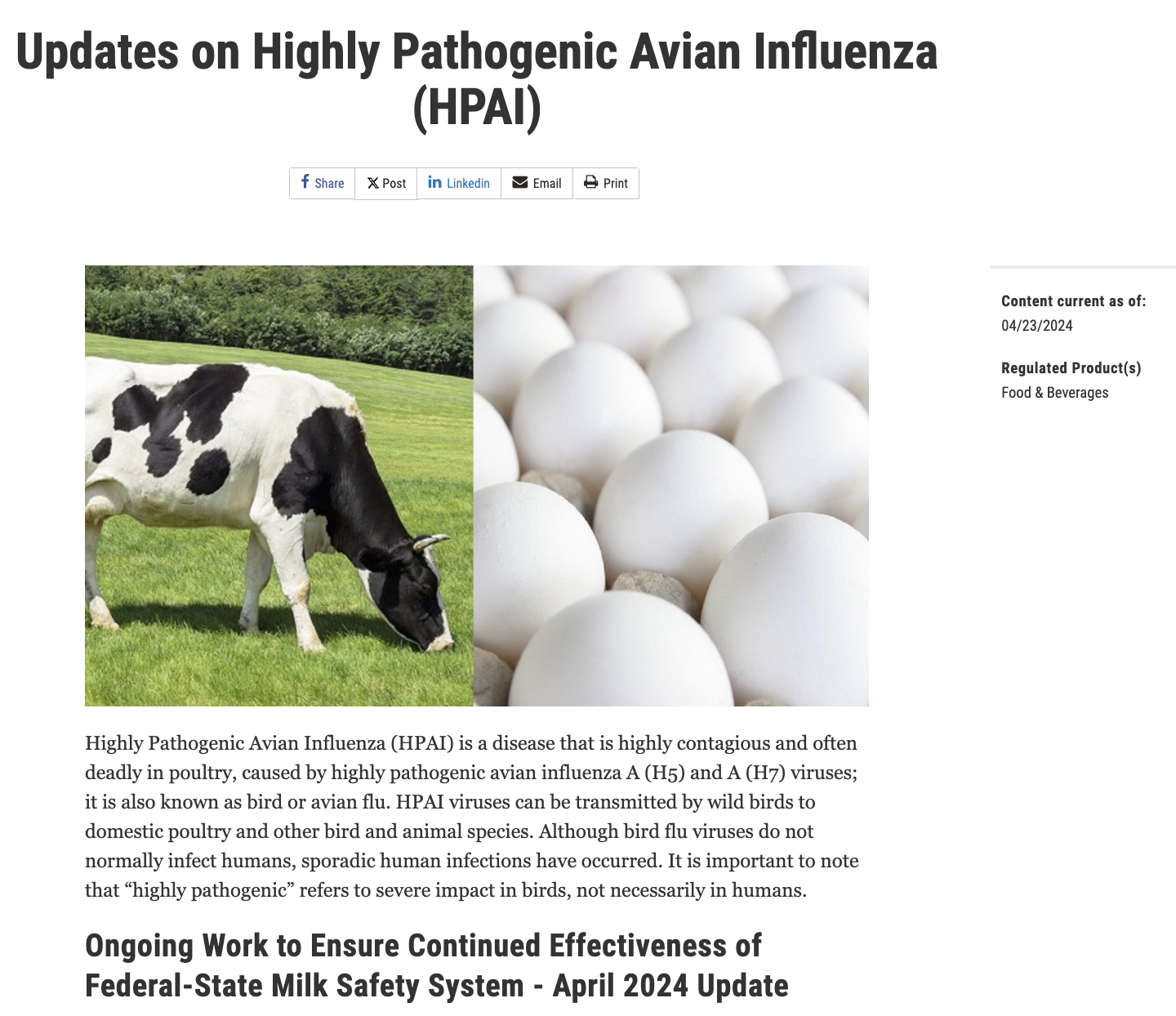 Última actualización de la FDA sobre el virus de la influenza aviar altamente patógeno